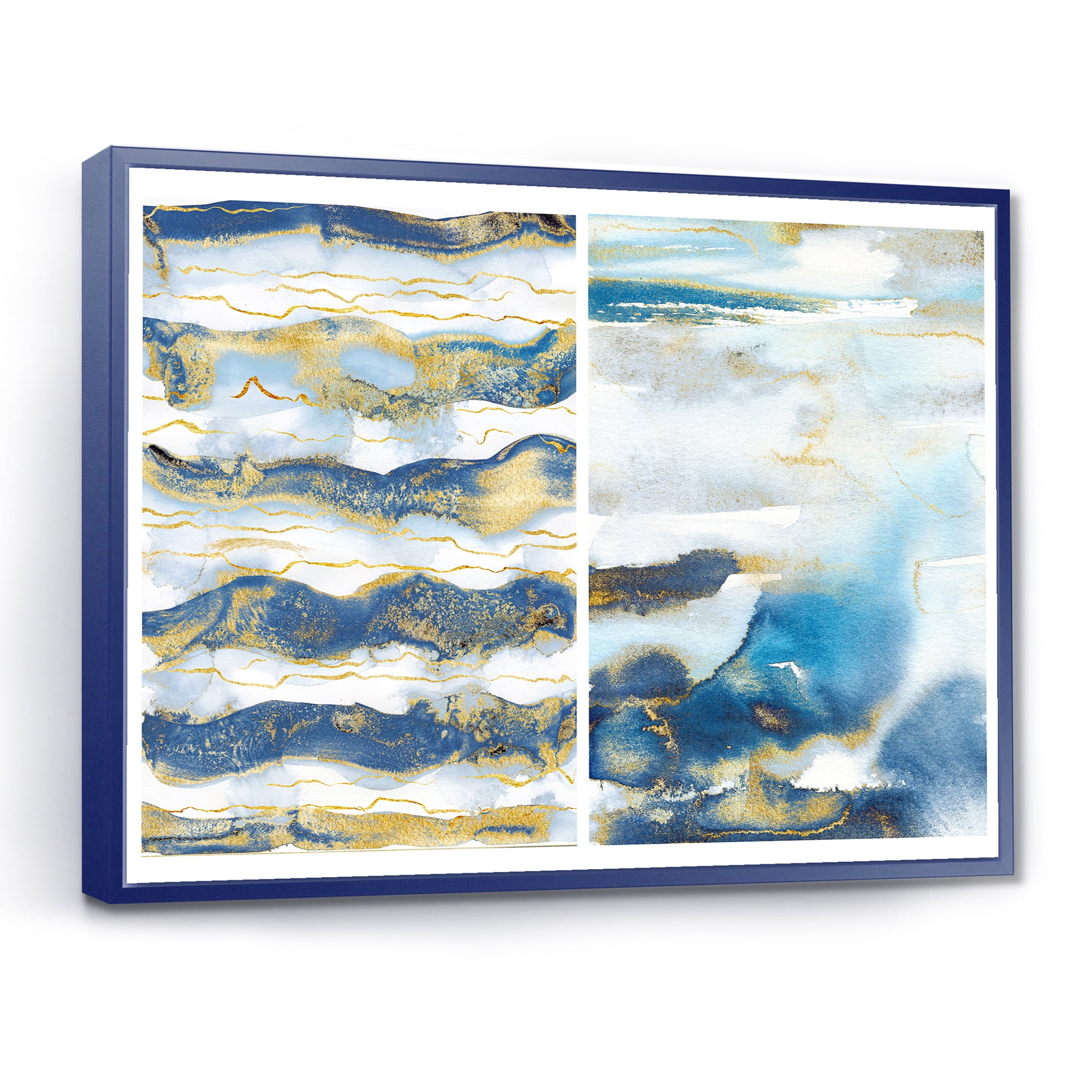 Designart 'Gold and Dark Blue Abstract Waves II' Modern Framed Canvas Wall Art Print