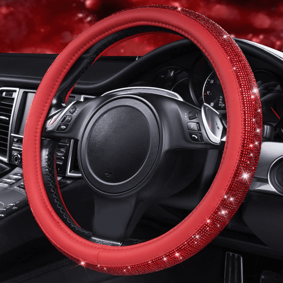 Red Bling Diamond Leather Steering Wheel Cover with Sparkly Crystal Rhinestones, 14.5-15 Inch Universal Fit for Women & Girls, Fits Cars, SUVs, Vans, Trucks