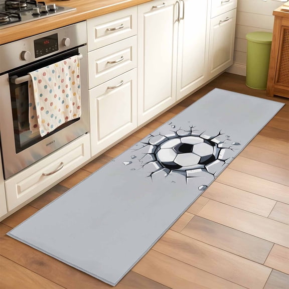 Runner Rug 2 x 6 Ft, Football Wall Crack Washable Non-Slip Floor Mat for Kitchen Hallway/Entryway, Modern Abstract Footballs in Wall Long Kitchen Runner Area Rugs for Living Room, Low-Profile