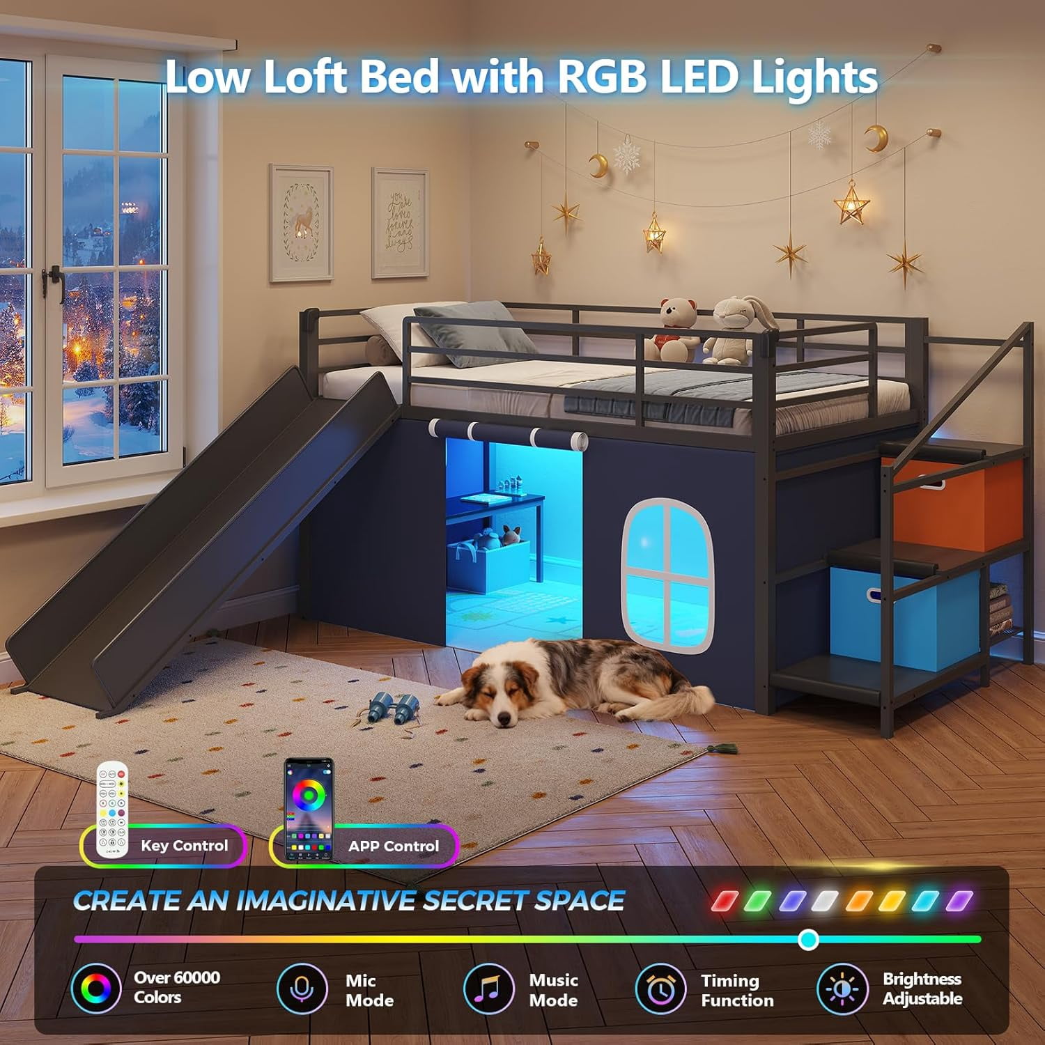 Low Loft Bed Twin with Slide, Storage Drawers and Led Lights, Metal Twin Size Loft Beds with Art Table, Storage Stairway and Under-Bed Play Space, Twin Beds with Safety Guardrail, Black