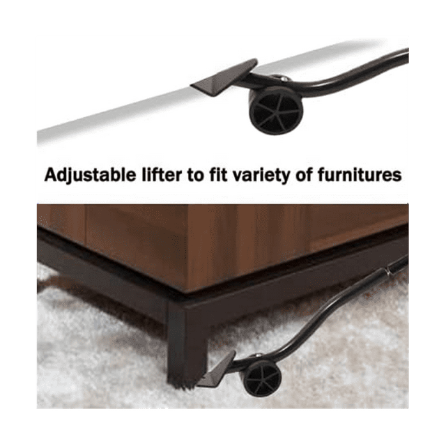 2 Pcs Furniture Lifter Mover Tool designed for lifting heavy furniture and appliances like sofas, refrigerators, and washing machines. The image shows a black steel crowbar with a wheel, inserted under a wooden furniture piece, demonstrating its adjustable lifting capability. The tool can lift up to 1,000 lbs using the lever principle, requiring minimal effort. Suitable for home use to move heavy objects safely and efficiently.
