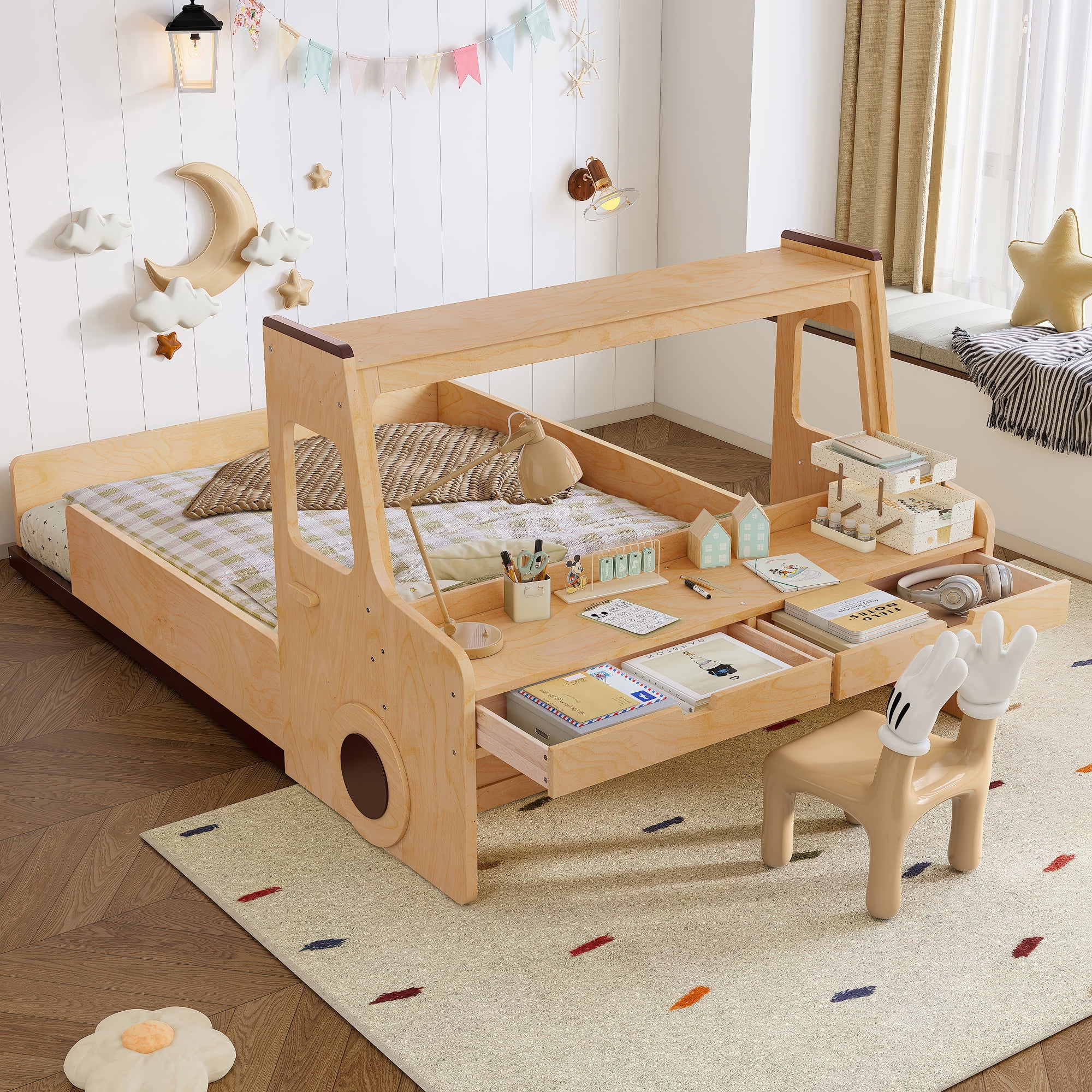 Bellemave Full Car-Shape Floor Bed, Wood Floor Beds Frame with Storage Drawers, Window & Desk, Creative Design for Small Space, Natural