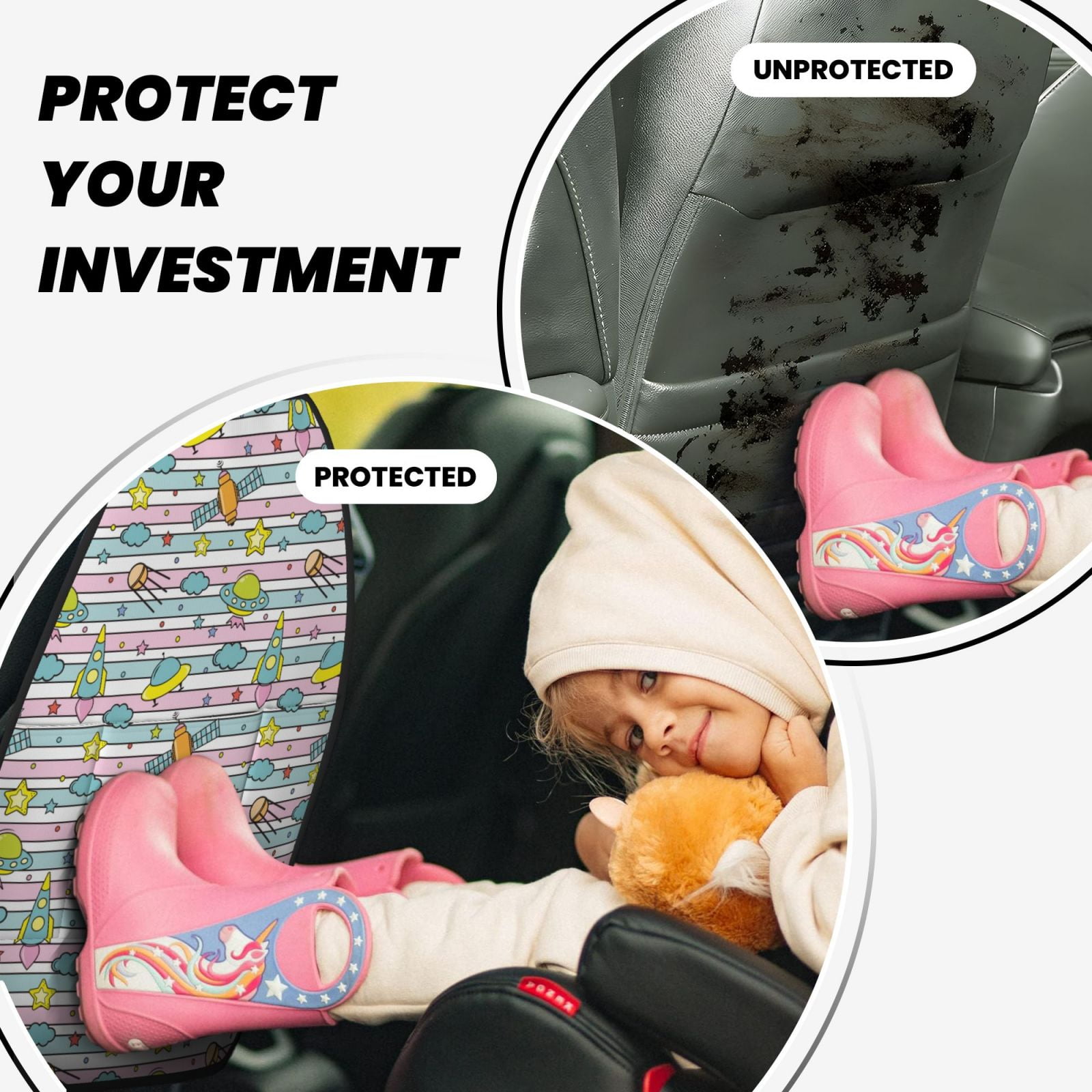 Kdxio Space Doodle Print 2 Pack Car Kick Mat Seat Cover Back Protector Mat with Pockets for Organizer Backseat Protector and Storage Anti Kick Pad for Vehicles
