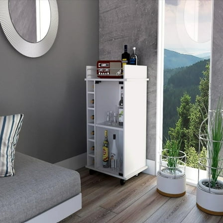 We Have Furniture Bar Cart Baltimore, Six Wine Cubbies, Glass Door, Four Caster, White Finish