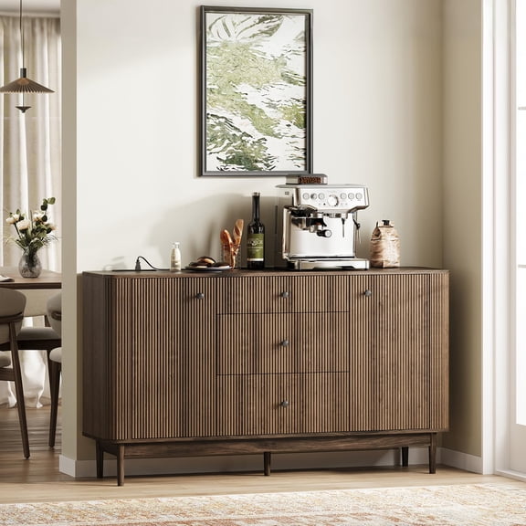 Walnut Fluted Sideboard Buffet Cabinet with Drawers and Doors, Modern