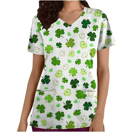 

Womens St Patricks Day Scrub Tops Casual Irish Clover Short Sleeve Tops Loose V Neck Medical Workwear with Pockets