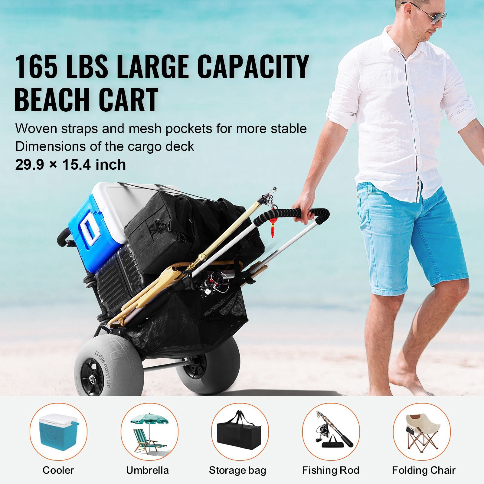 Dranite Heavy Duty Beach Dolly, 12" Balloon Wheels & 165LB Capacity for Sand, Folding Cart