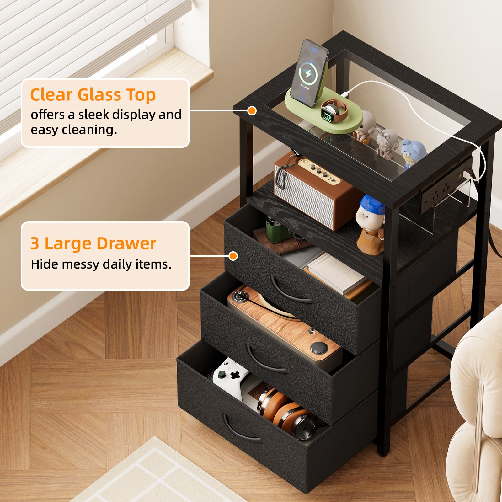 Tomnk Modern Nightstand with LED Lights & Charging Station, Side Table with Tempered Glass Top, USB Ports & Power Outlets, 3 Fabric Drawers for Bedroom, Living Room, Black