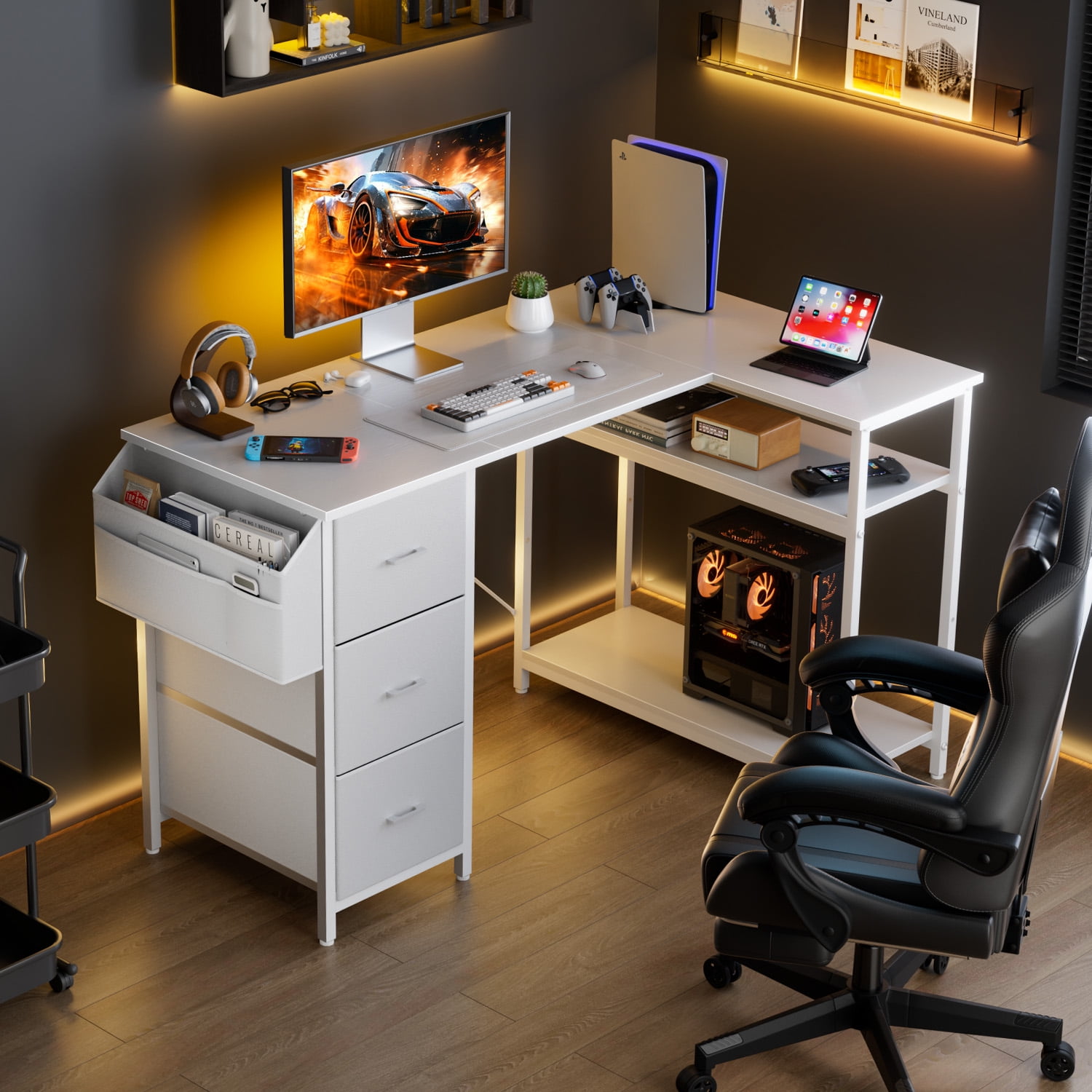 HLDIRECT L Shaped Computer Desk with Drawers & Storage Shelves, 55 inch Corner Desk for Home Office and Bedroom, White