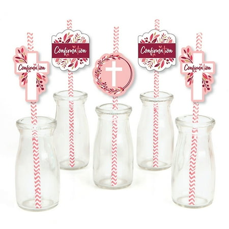 Elegant Straw - Confirmation Pink Elegant Cross - Paper Straw Decor - Girl Religious Party Striped Decorative Straws - Set of 24