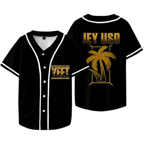 Jey Uso Merch Gold Yeet Logo Baseball Jacket Unisex Stylish V-neck Button Short Sleeve T-shirt,2XS,Style 1