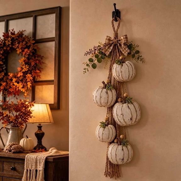Rustic Wooden Pumpkin Door Hanging, Rustic White Pumpkin Hanging Swag, Fall Decor Gift, for Thanksgiving Harvest, Farmhouse Porch, Front Door Decoration Home