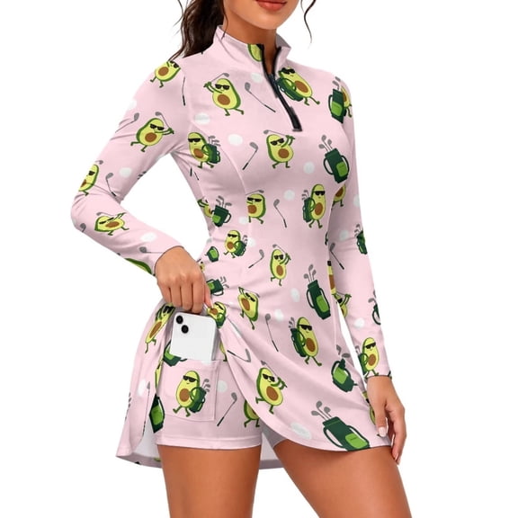 Aplkyhs Funny Golfing Avocado Women's Tennis Dresses with Built-in Shorts and Pockets Lightweight Two Piece Set Flattering Athletic Fit Golf Dress Moisture Wicking 1/4 Zip Up Workout Outfits S-2XL