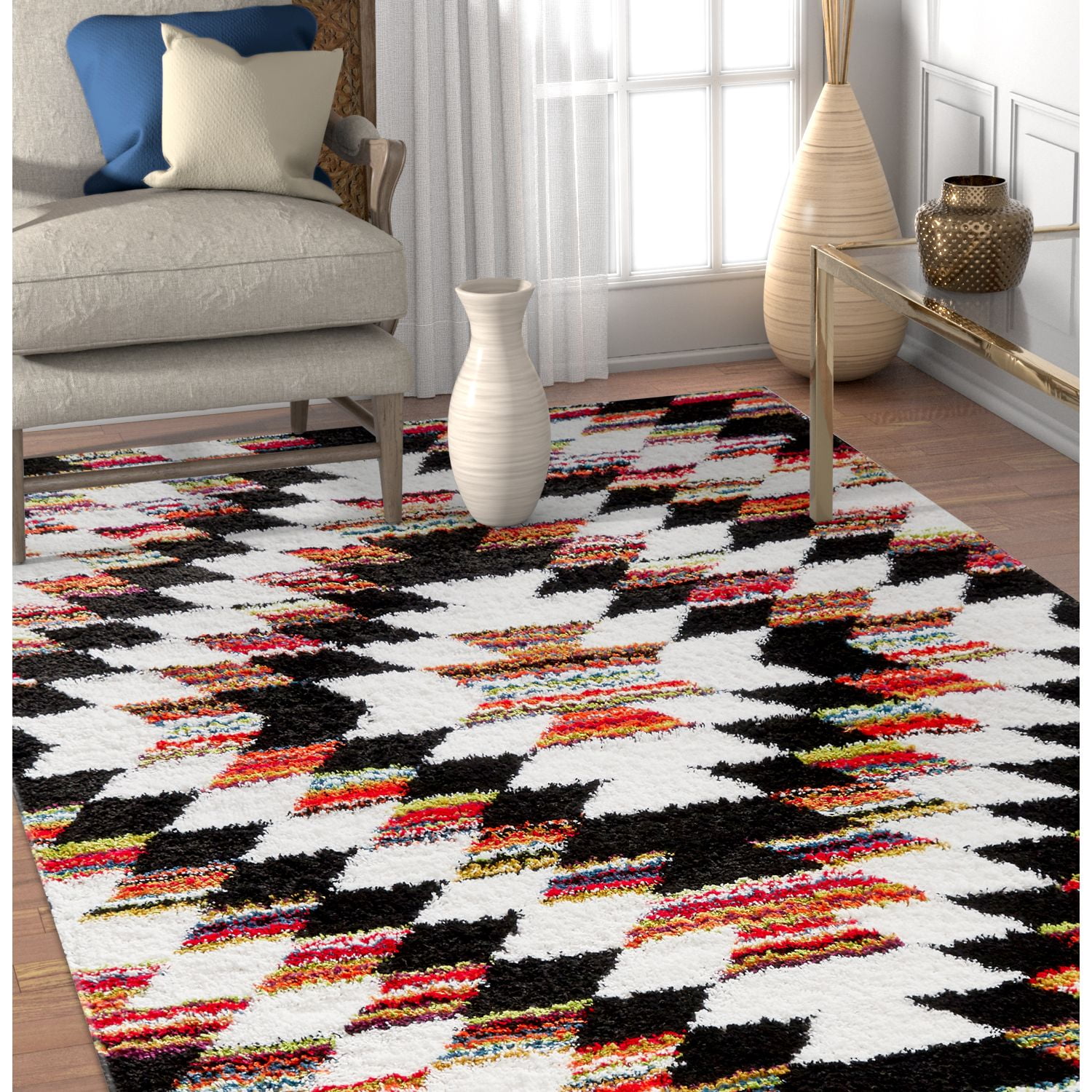 Well Woven Tribal Rhapsody Tangier Southwestern Shag Black Area Rug