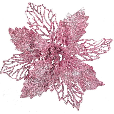

12 pcs 6” Christmas Poinsettia Flower Glitter Poinsettia Tree Ornaments Pink Artificial Flower Decorating Wreath Garland Great for Wedding Holiday and Home Decor with Stems