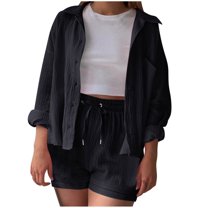 ZyeKqe Womens 2 Piece Outfits Long Sleeve Chest Pocket Shirts High Waisted Drawstring Shorts Lounge Sets