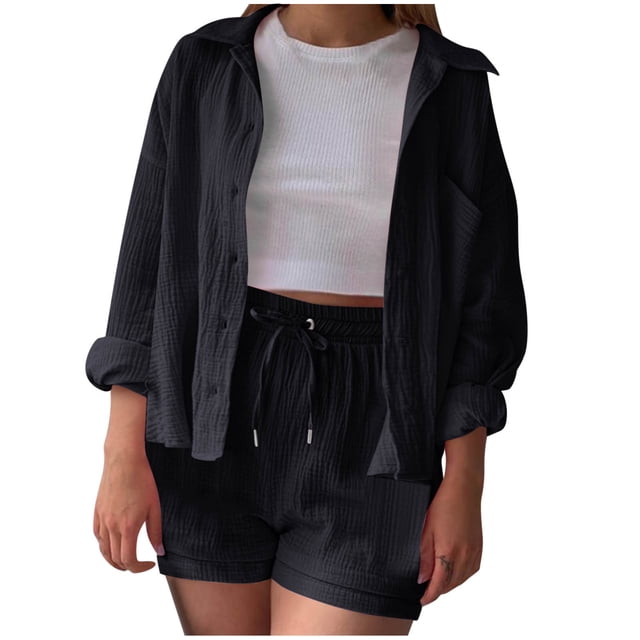 AherBiu Summer Outfits for Women Long Sleeve Button down Shirts Drawstring Shorts Beach Vacation Lounge Set
