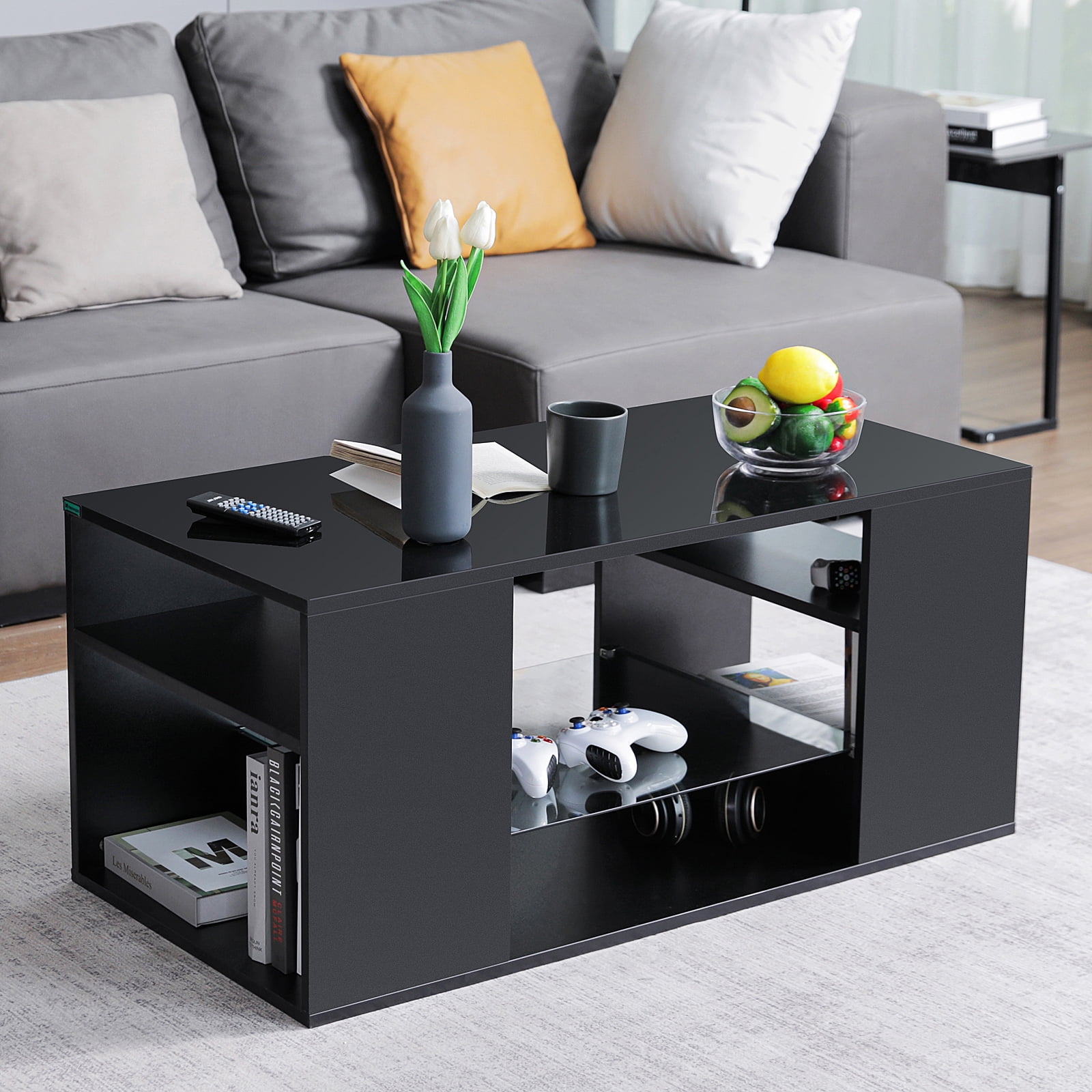Hommpa Black Coffee Table with LED Lights Living Room Table Glass Open Shelves High Gloss Rectangle Center Table Sofa Side Cocktail Tables