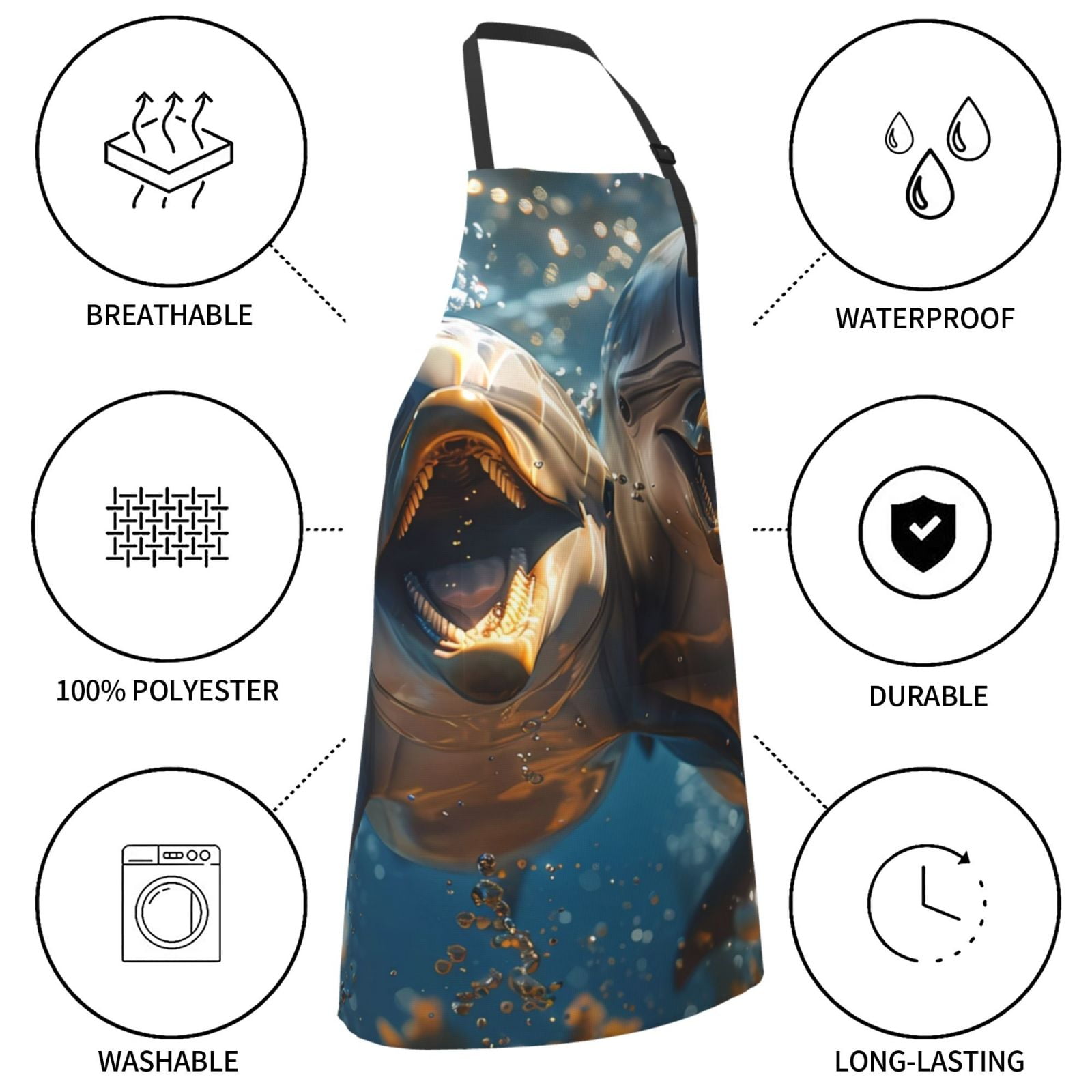 Kdxio Playful Dolphins Underwater Apron with Pockets Adjustable Kitchen Aprons for Men Women Waterproof Aprons for Cooking,Drawing,Crafting, Baking Household Cleaning