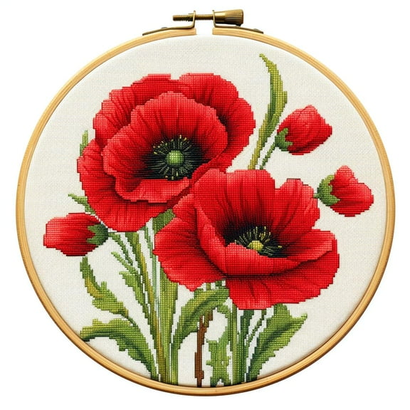 Red Poppy Flower 11CT Stamped Cross Stitch Kits Easy for Beginners Child with Hoop DIY Needlepoint Counted Embroidery Kits Art Craft Wall Decor 12x12IN(3)