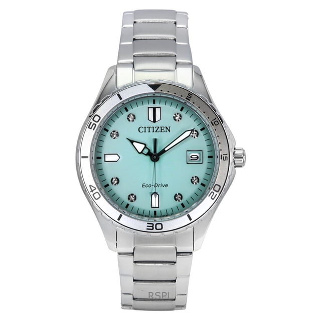 citizen marine eco-drive crystal accents stainless steel green dial fe6170-88l 100m women's watch Reloj de mujer Citizen Marine Eco‑Drive FE6170-88L con caja y brazalete de acero inoxidable, esfera verde claro con marcadores de cristal en las horas, bisel numerado, manecillas luminiscentes, ventana de fecha a las 3 y calibre J810; también suele usarse como accesorio de viaje por su resistencia al agua 100 m.
