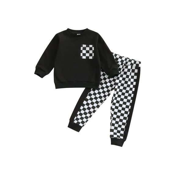 Baby Girl Long Sleeve Crew Neck Sweatshirt + Checkerboard Print Pocket Trousers Set