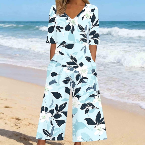 TaTaai Women's Summer Random Floral Print Casual Jumpsuit Short Sleeve V-Neck Back Zipper Closure Side Pockets Soft Lightweight Polyester Long Jumpsuit for Daily Spring Wear Gift