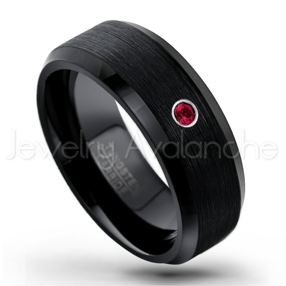 Black Tungsten Ring Beveled Edge - 0.07ct Solitaire Ruby Ring - Personalized Tungsten Wedding Ring - Custom Made July Birthstone Ring TN166BS