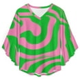 thumbnail image 4 of Pink Green Swirl Abstract Design Women's V-Neck Blouse With 3/4 Ruffled Bell Sleeves Casual Top Ladies Blouses, 4 of 7