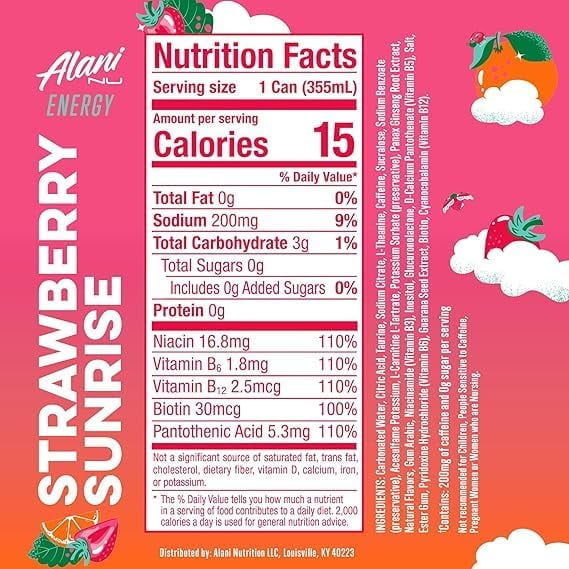 New Alani STRAWBERRY SUNRISE Sugar Free, Low Calorie Energy Drinks, 200mg Caffeine, 12 Fl Oz Cans, 6 Pack