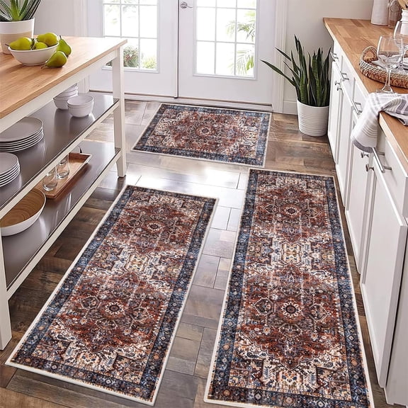 Boho Kitchen Rugs Sets of 3 Non Slip Rubber Kitchen Mats for Floor Waterproof Kitchen Rugs and Mats Washable Farmhouse Kitchen Floor Carpet Runner Rugs for Hallway Laundry Room (Rust)