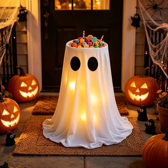 Halloween Ghost Candy Bowl Large Light Up Floor Stand with Remote Control for Halloween Party Treat Display and Trick Or Treat Setup-55cm
