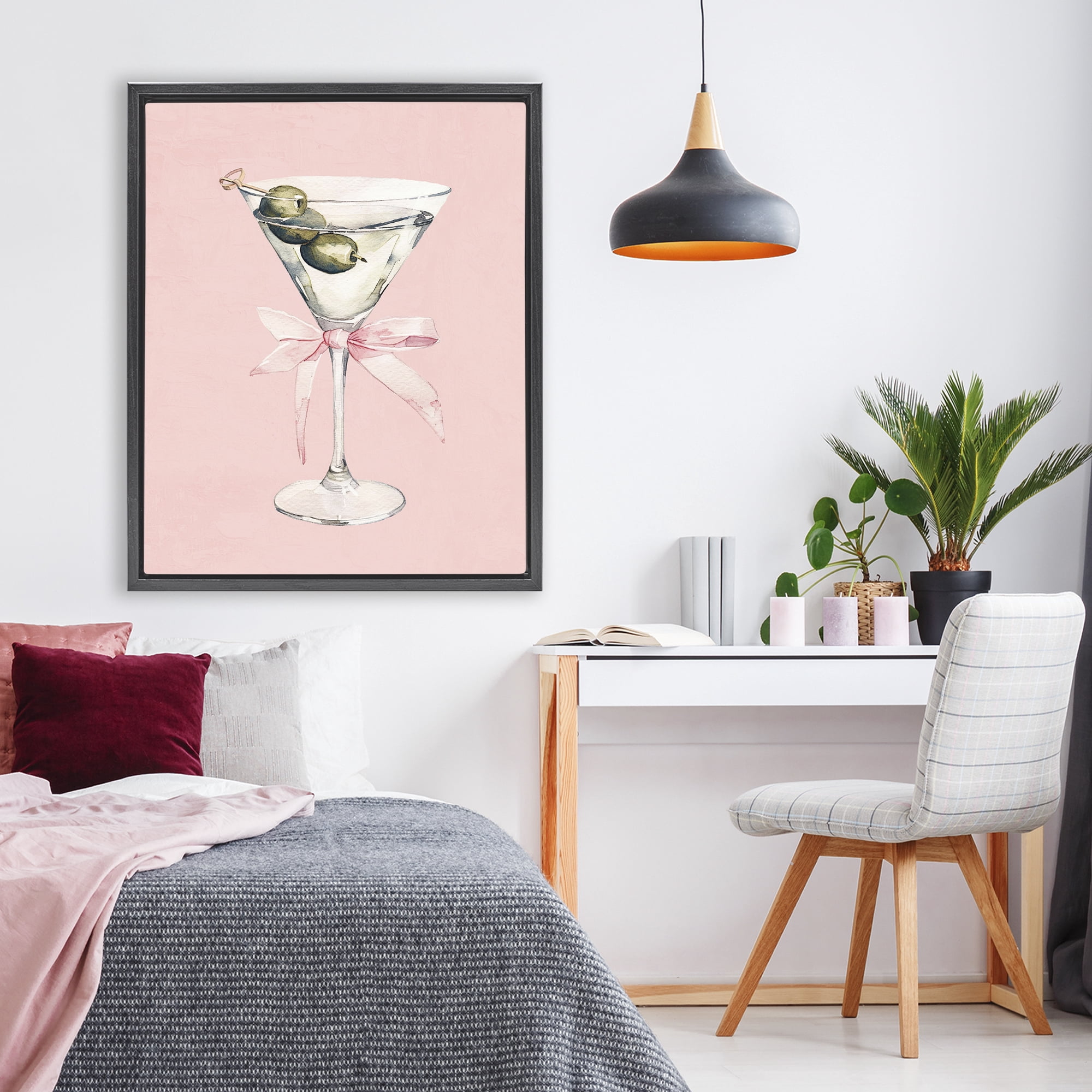 Stupell Industries Martini with Pink Bow Black Framed Floater Canvas Wall Art, design by Kim Allen