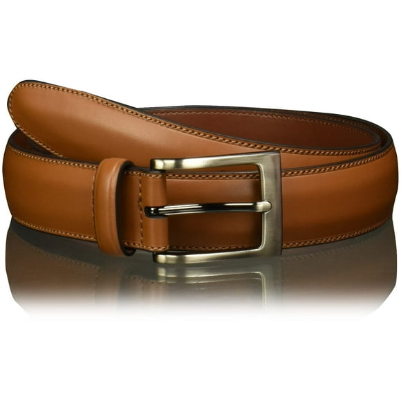 Perry Ellis Leather Men's Belt, 1.5" Width, Stitched Edges, Silver Prong Buckle, Smooth, Durable, Versatile & Elegant, Timothy Cognac, 42