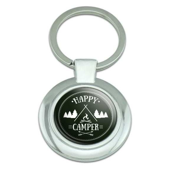 Happy Camper with Campfire Keychain Classy Round Chrome Plated Metal