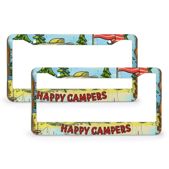 Happy Campers License Plate Frame 2 Pieces Vintage Decorative Camping License Plate Cover Frame Car Accessories US Canada Standard 2 Hole Stainless Aluminum License Plate Frames