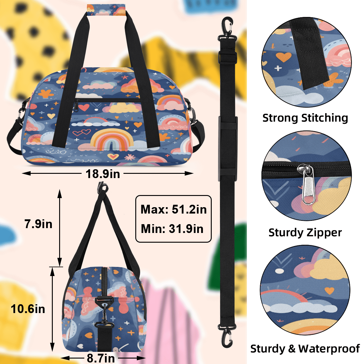 Herdesigns Cute Rainbow Sports Duffle Bag for Women & Men, Cute Retro Gym Bag Dance Bag Overnight Bag Carry On Weekender Travel Bag