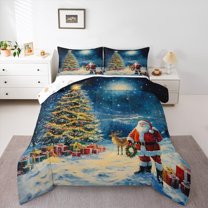 Manfei Teens Santa Claus Queen Comforter Set, Glitter Christmas Tree Bedding Comforter Set, Mystic Starry Sky Reversible Bedding Set, Ultra Soft Home Decor, 3pcs