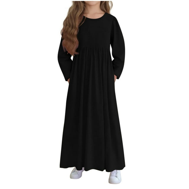 Robe avec Poches pour Filles Couleur Unie Manches Longues Col Rond Taille Moyenne Décontractée Jupe Longue avec Poches
