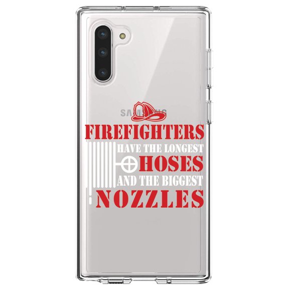 DistinctInk Clear Shockproof Hybrid Case for Samsung Galaxy Note 10 (6.3" Screen) - TPU Bumper Acrylic Back Tempered Glass Screen Protector - Firefights Have Longest Hoses and Biggest Nozzles