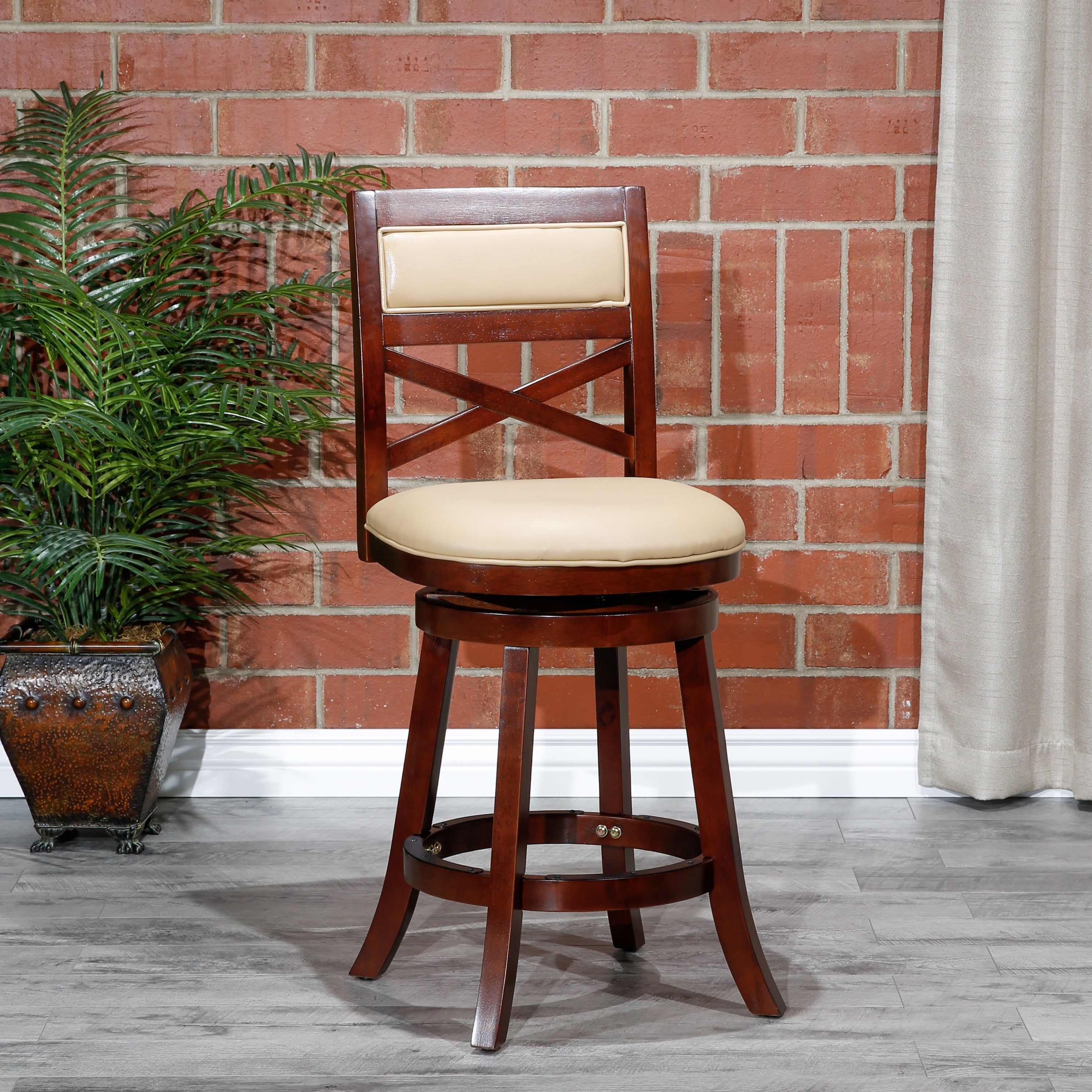 24" Counter Height XBack Swivel Stool, Cherry Finish, Bone Leather