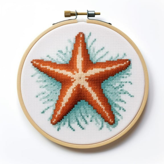 Starfish and Shell DIY Stamped Cross Stitch Kits for Beginners Easy with Hoop 11CT Needlepoint Embroidery Counted Cross Stitch Kits Art Craft Wall Decoration 30x30cm(2)