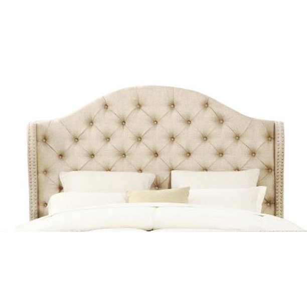 Nailhead Trim Tufted Upholstered King Headboard in Linen Beige