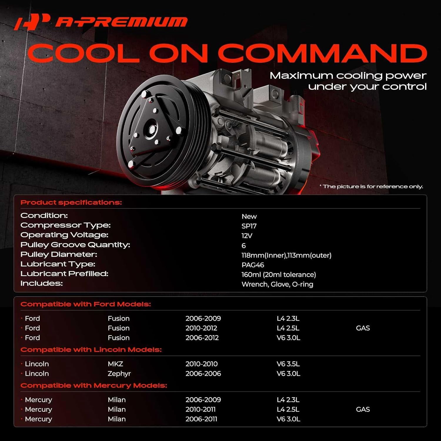 A-Premium AC Compressor with Clutch Compatible with Ford Fusion 2006-2012 Lincoln MKZ 2010 Zephyr Mercury Milan 2006-2011 Sedan