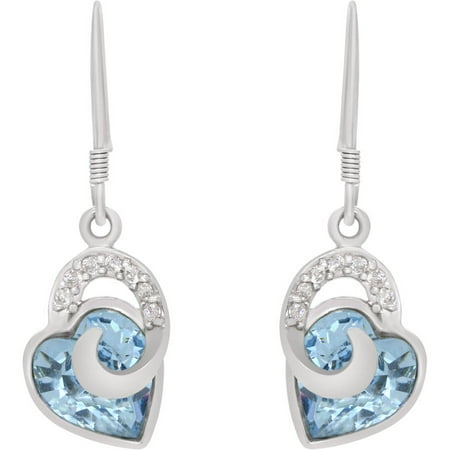 Designer Wood Earrings - American Designs Clear CZ and Aquamarine Blue Swarovski Crystal Sterling Silver Heart Love Designer Dangle Drop French Wire Earrings