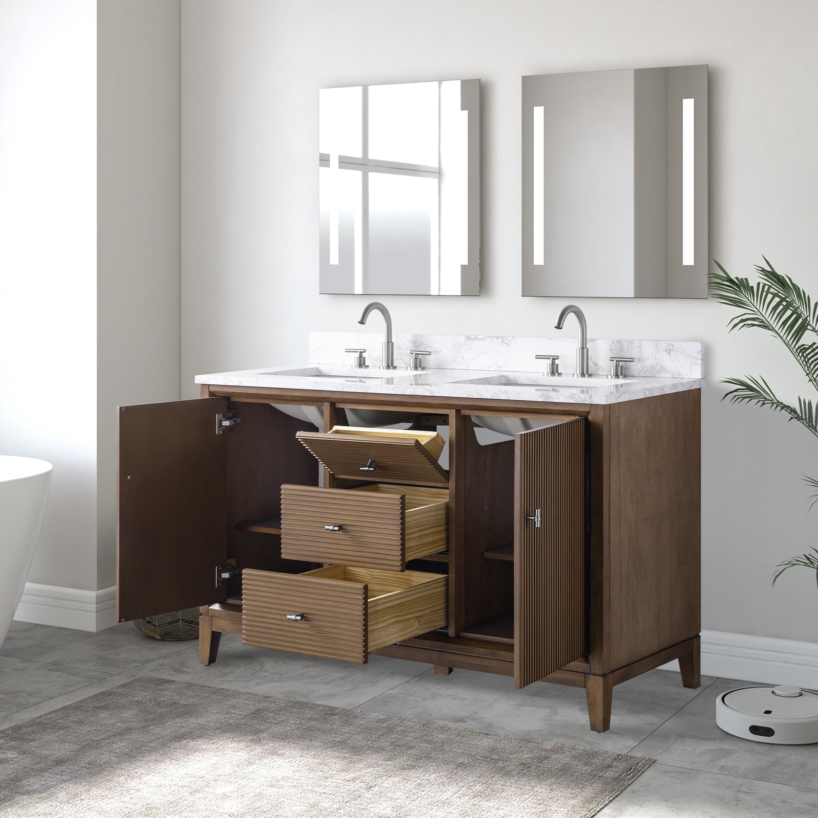 Vanity Art 54" Bathroom Vanity with Sinks and Engineered Marble Top, Freestanding Storage Cabinet with 2 Drawers, 2 Shelves and 1 Flip Down Tray