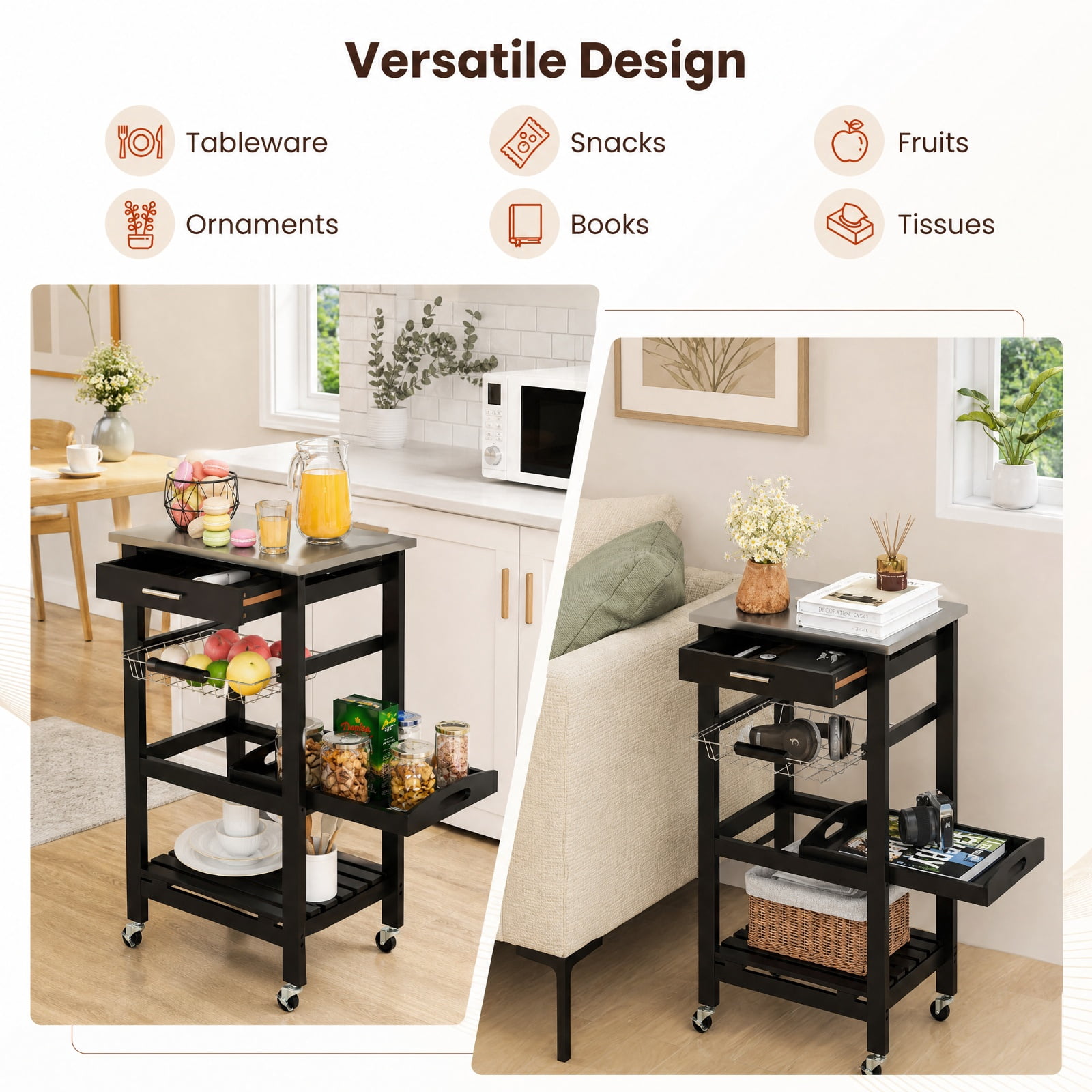 Furnibear Kitchen Island Cart on Wheels with Stainless Steel Tabletop Storage Drawer Wire Basket and Bottom Shelf for Small Kitchens, Black