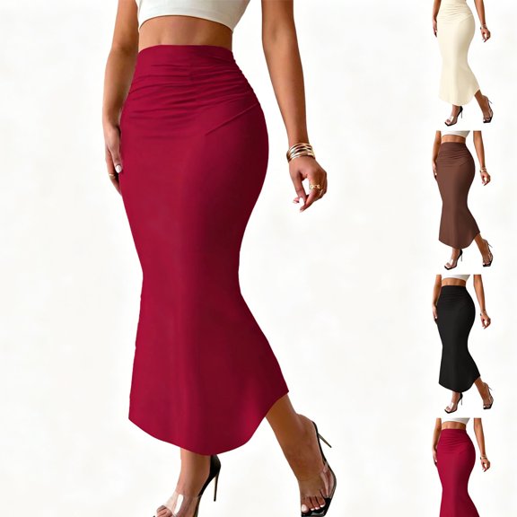 Purcolt Women's Bodycon Pencil Skirt Summer High Waisted Ruched Stretchy Tight Maxi Skirts for Busines Casual