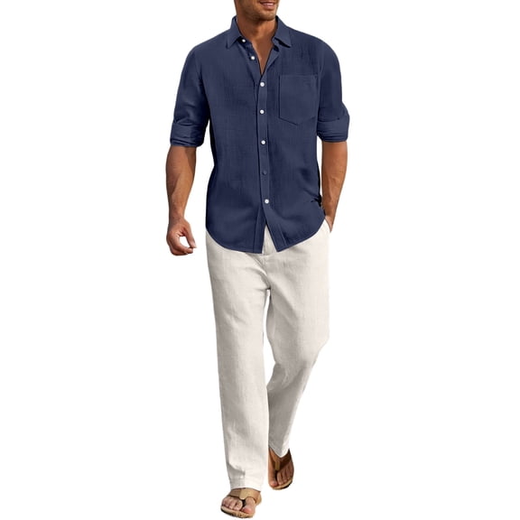 Letdown Mens 2 Pieces Cotton Linen Sets Long Sleeve Casual Shirt Summer Beach Wide Leg Pants Lounge Vacation Outfits Set Spring Fall Loungewear