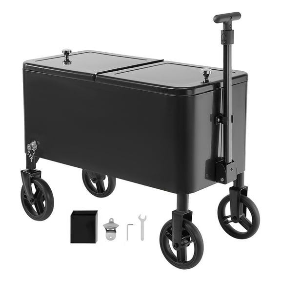 80QT Rolling Ice Chest Cooler Cart with Wheels and Adjustable Handle, Outdoor Beverage Cooler with Insulated PU Foam, Drain Plug & Divider, Portable Drink Storage for Patio, Camping, or Party